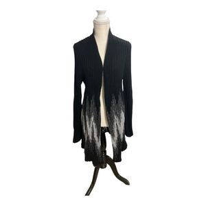 Chico's Wool Blend Black Grey Ribbed Knit Open Front Long Cardigan Size 2(12)